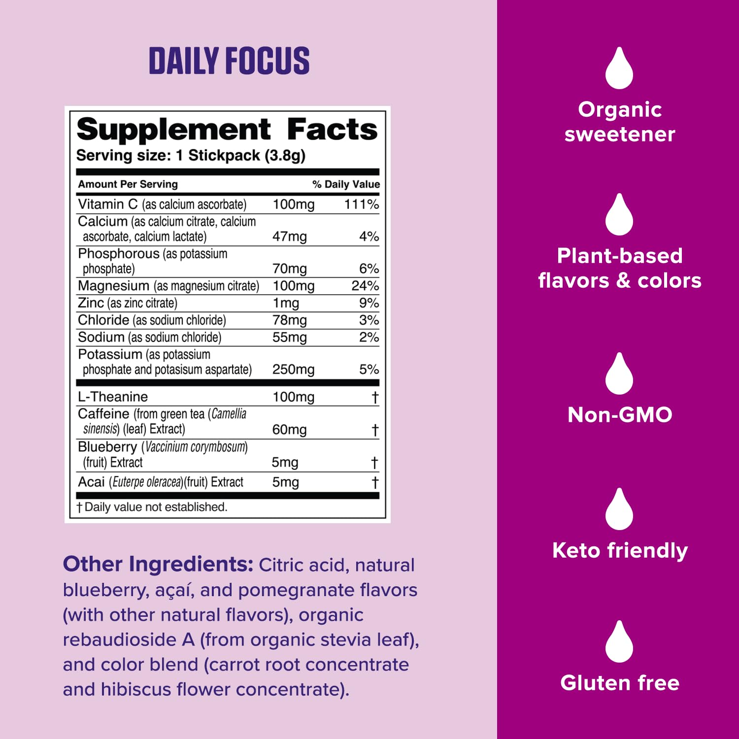 Ultima Replenisher Daily Focus close-up shows L-Theanine pairing for a calming focus effect.