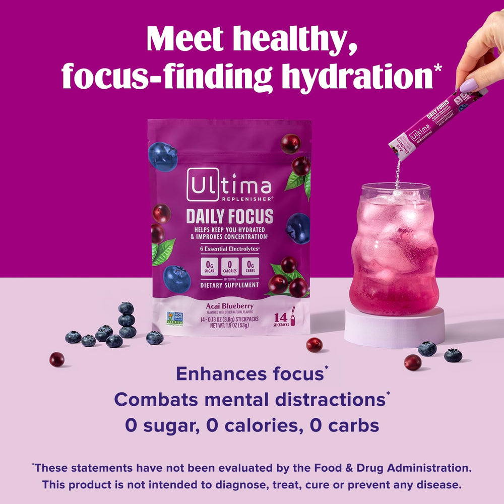 Ultima Replenisher Daily Focus open stickpack shows quick caffeine and L-Theanine boost.