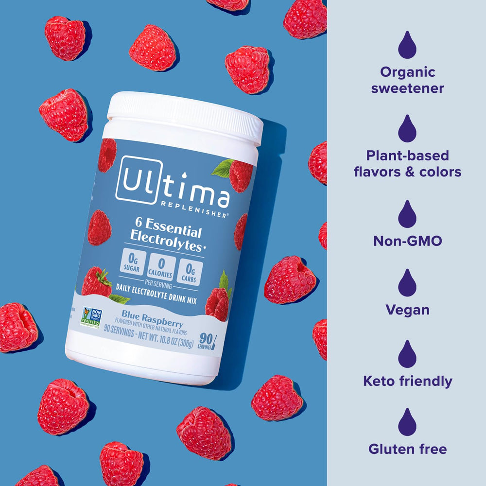 Ultima Replenisher label closeup highlights sugar-free and vegan attributes.