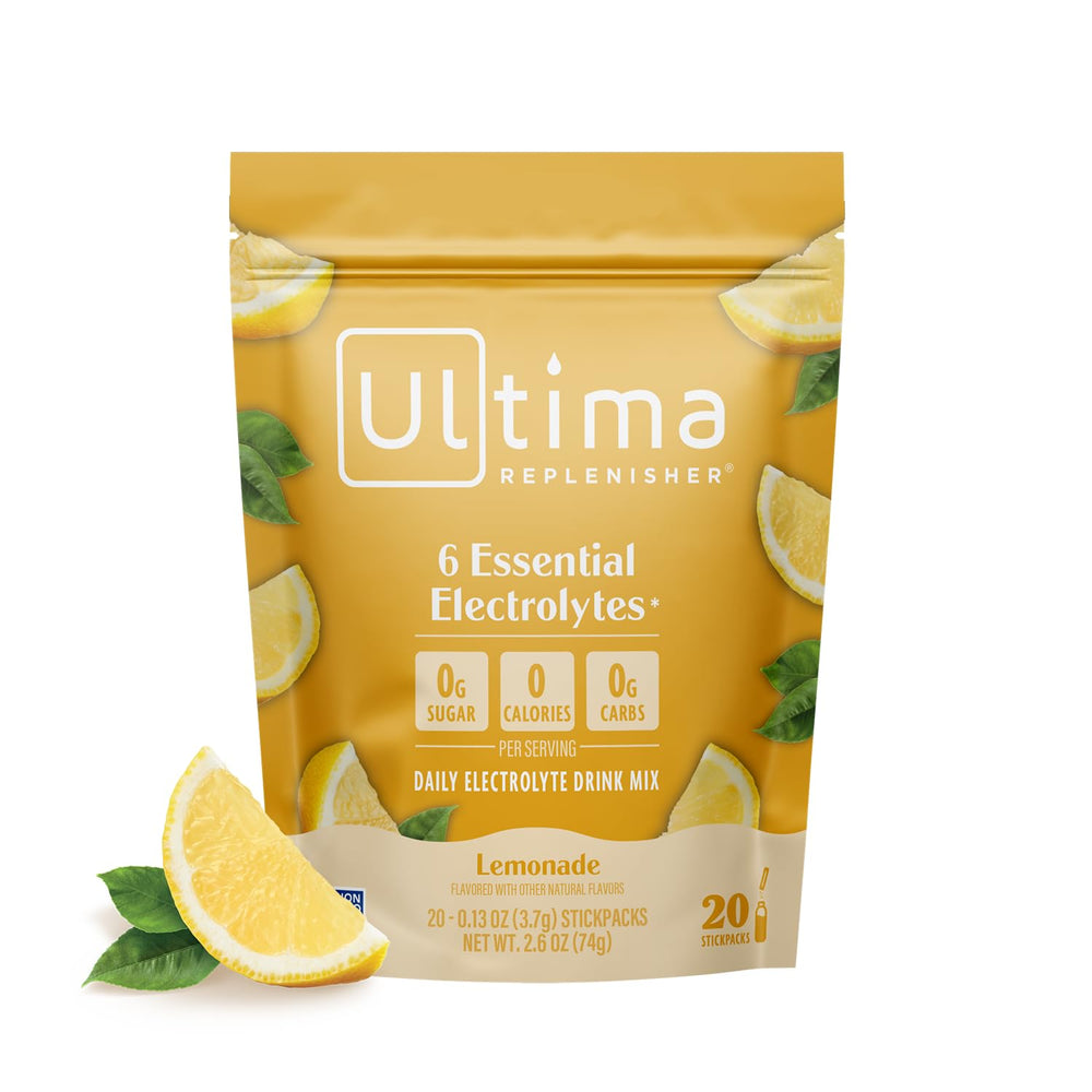 Ultima Replenisher lemonade stickpack dissolves in water for crisp, sugar-free hydration