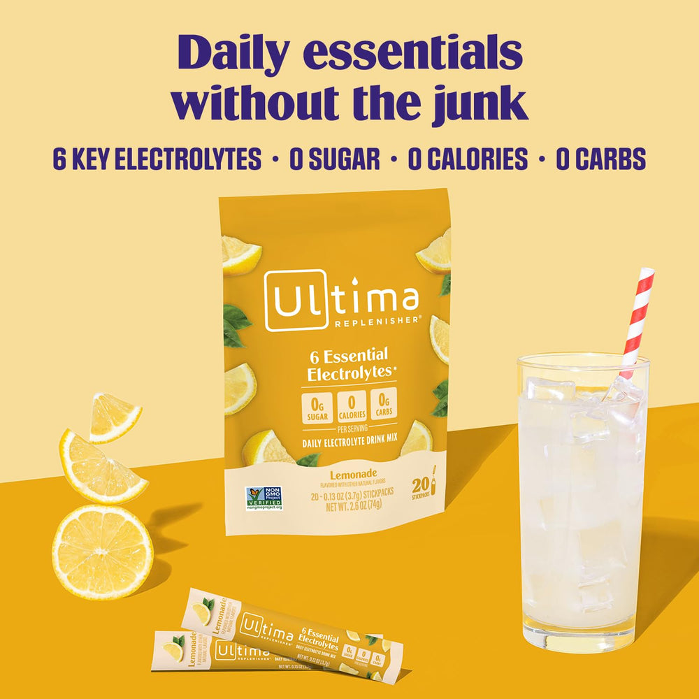 Ultima Replenisher lemonade in a glass, refreshing zero-calorie drink on the go