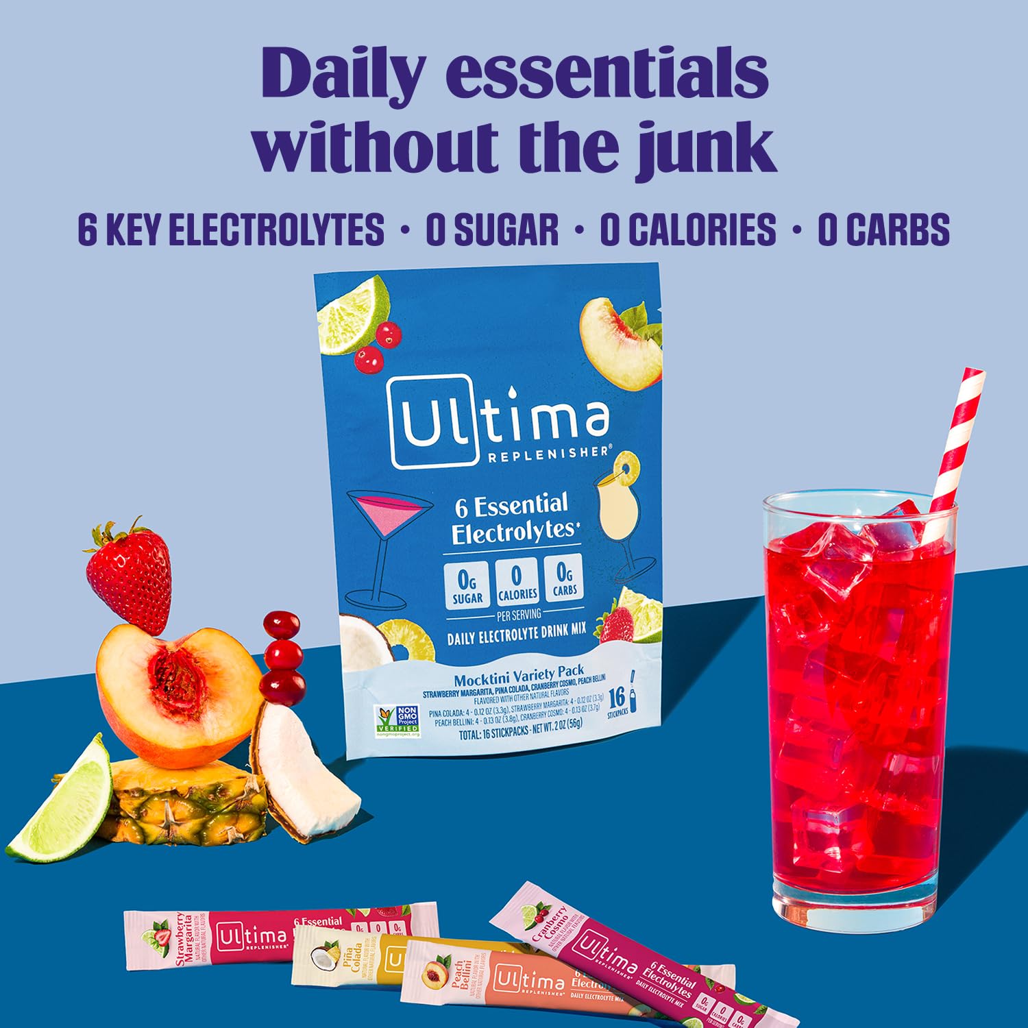 Ultima Replenisher Mocktini Cranberry Cosmo served over ice, sugar-free hydration.