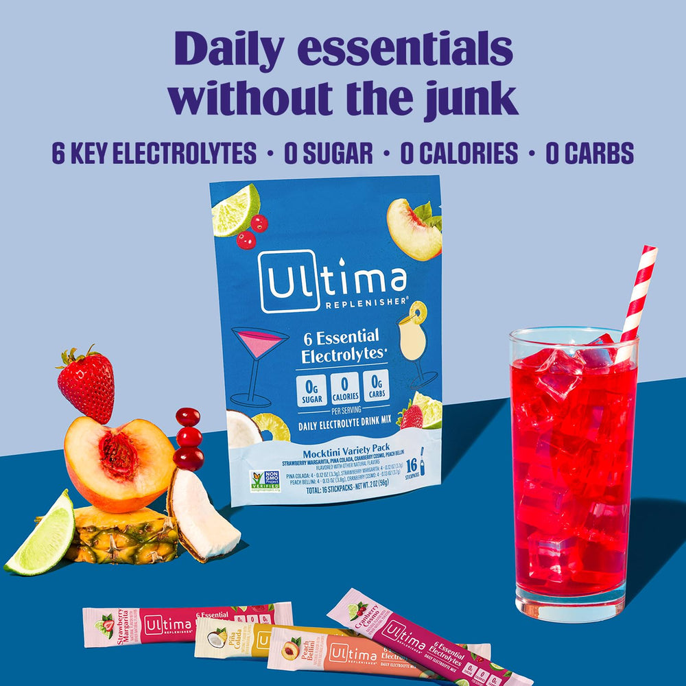 Ultima Replenisher Mocktini Cranberry Cosmo served over ice, sugar-free hydration.