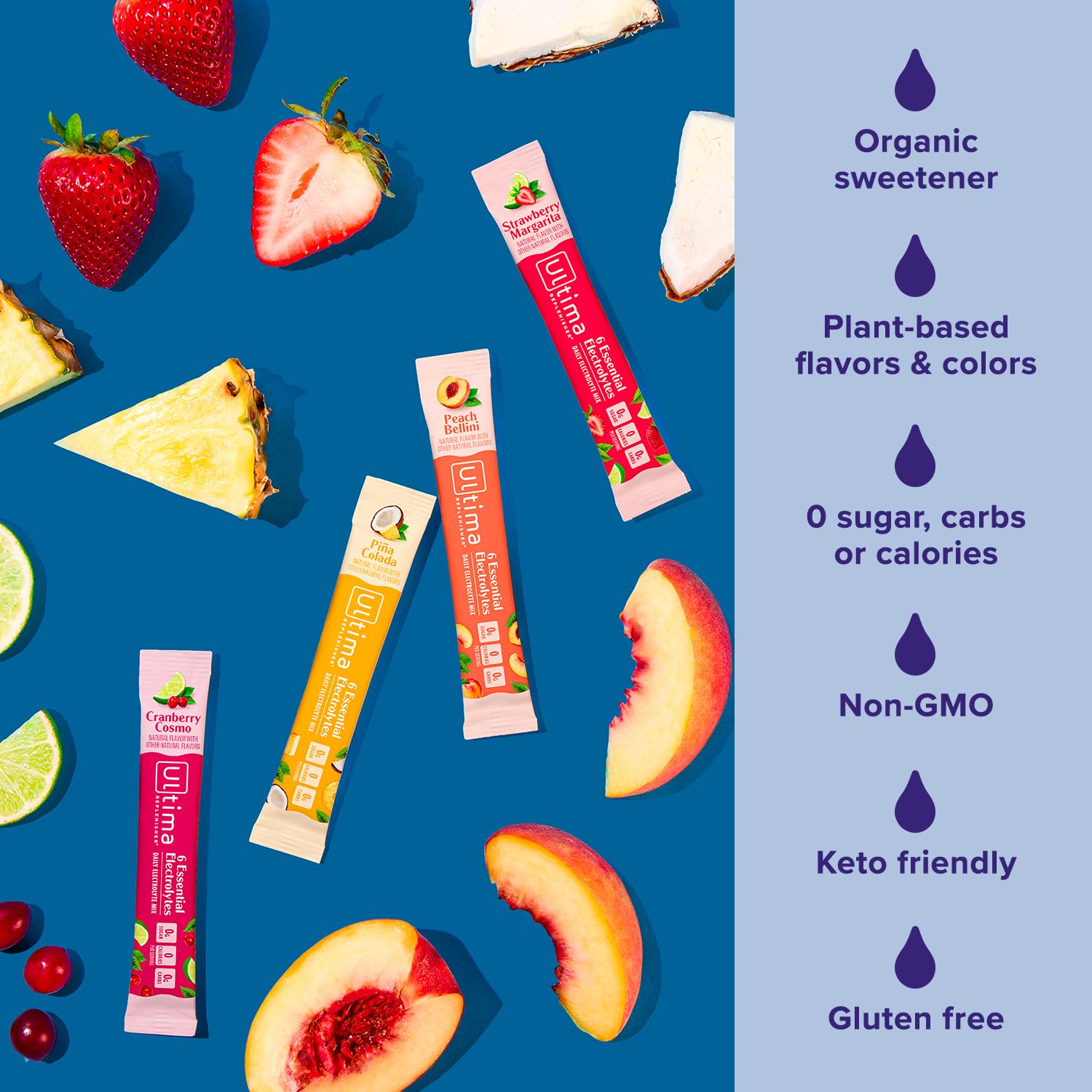 Ultima Replenisher Mocktini Pina Colada, tropical flavor, zero sugar hydration.