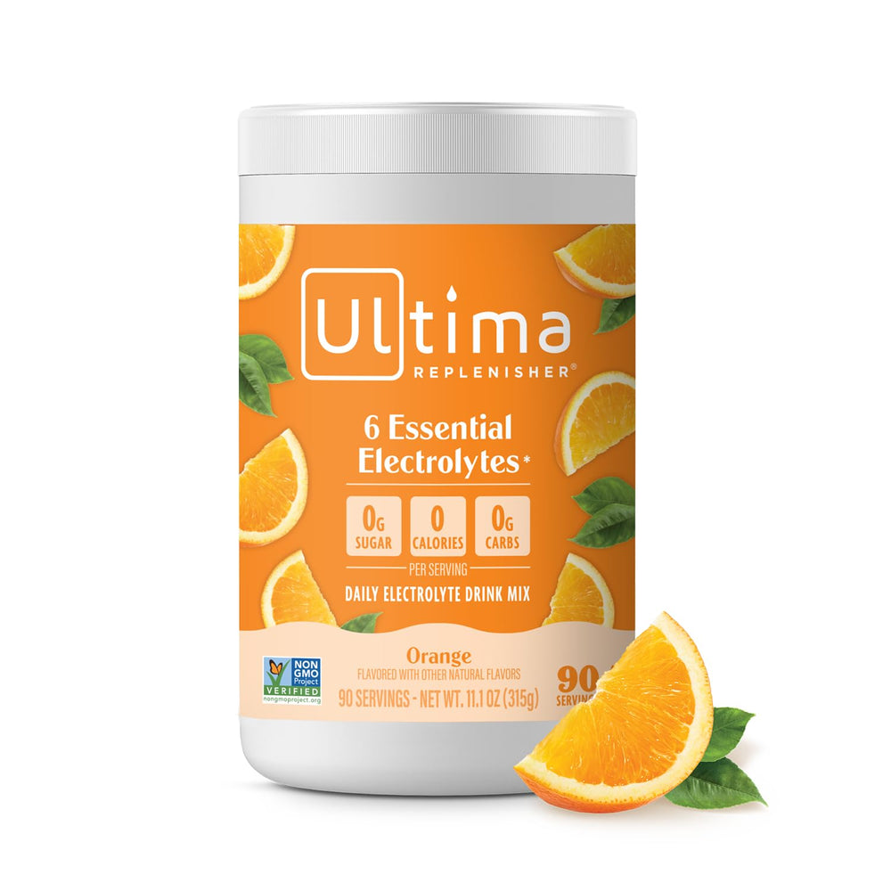 Ultima Replenisher orange 90-serving canister for daily hydration.
