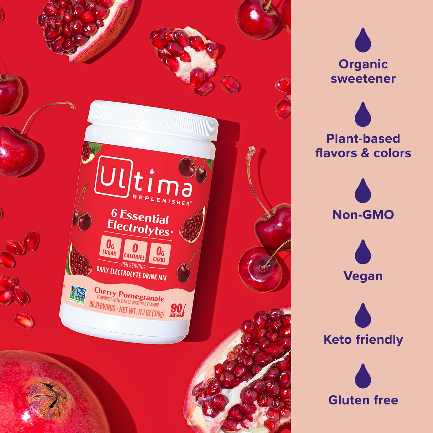 Ultima Replenisher plant-based flavor burst on label supports vegan hydration.