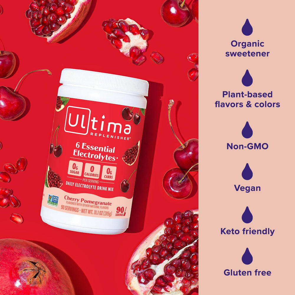 Ultima Replenisher plant-based flavor burst on label supports vegan hydration.