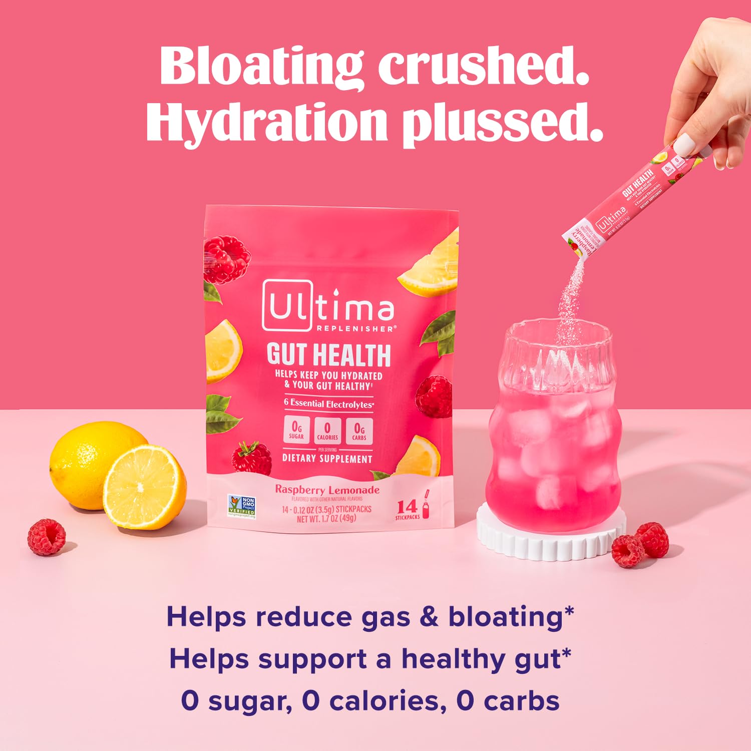 Ultima Replenisher probiotic and prebiotic blend shown together for daily digestive support.