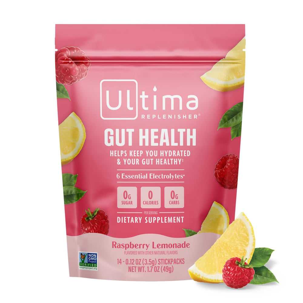 Ultima Replenisher Raspberry Lemonade stickpack for on-the-go hydration and gut-friendly support.