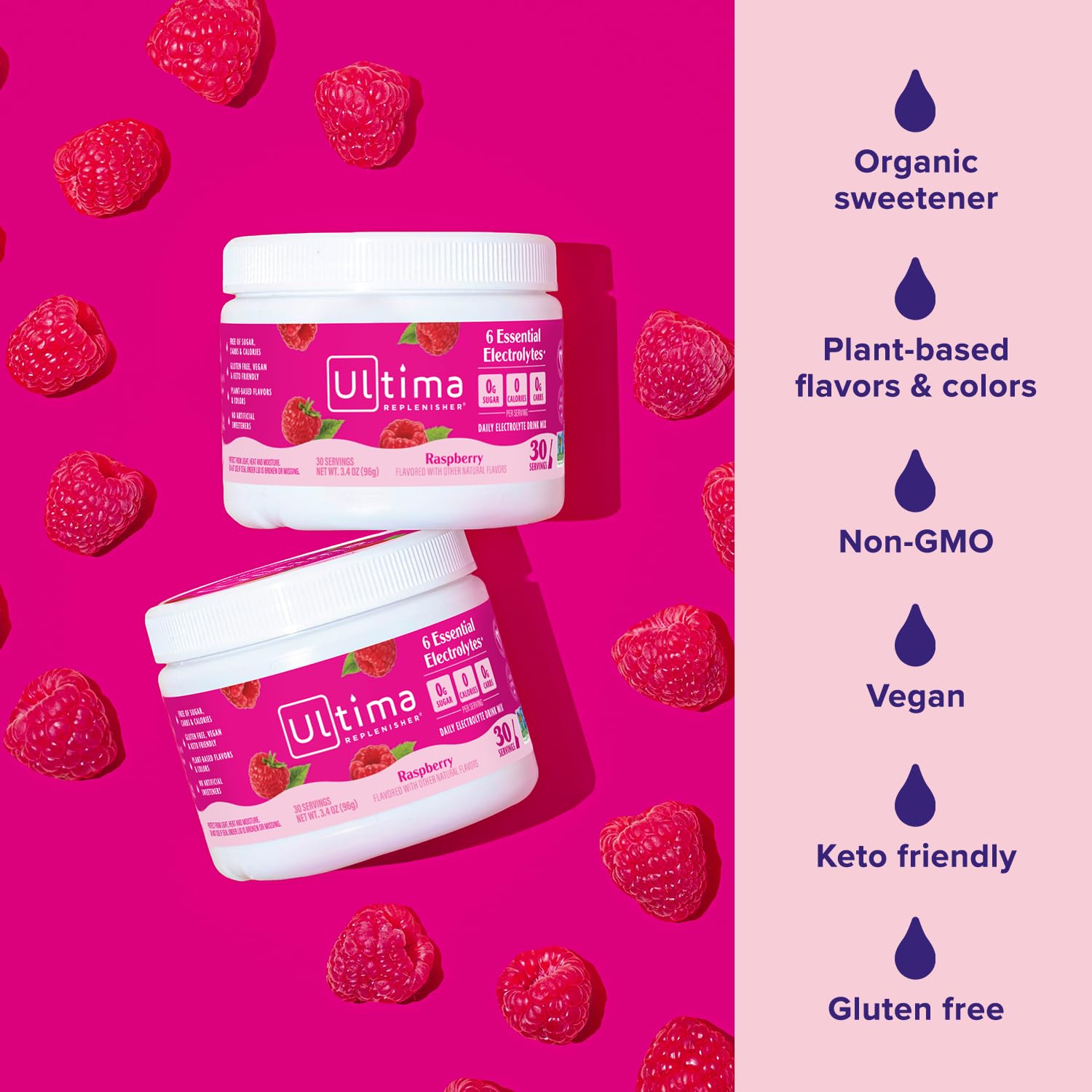 Ultima Replenisher Raspberry features six electrolytes for balanced hydration