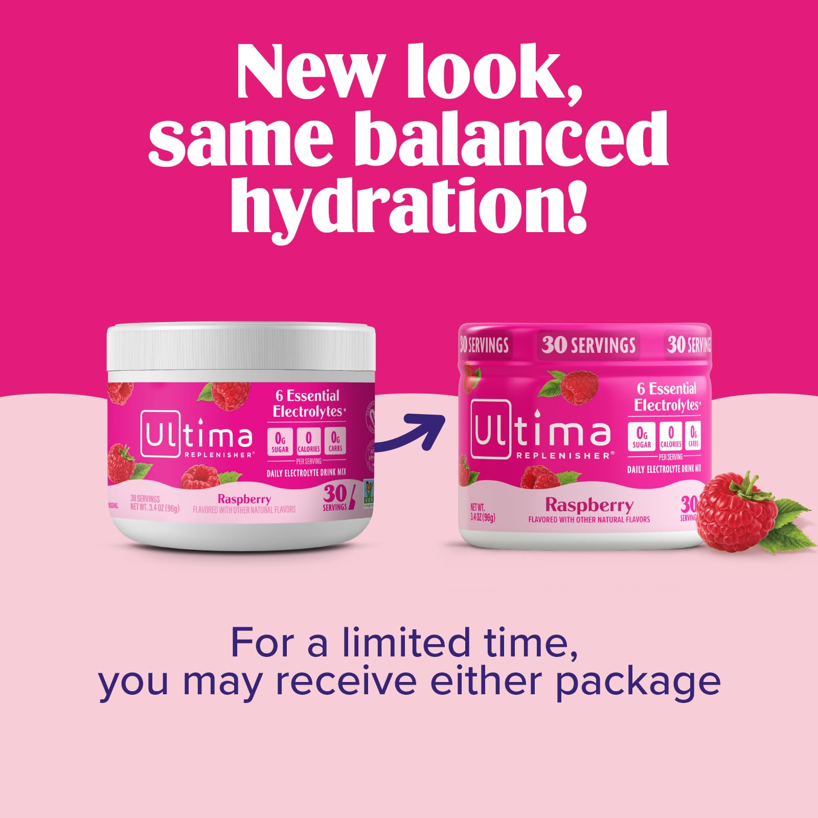 Ultima Replenisher Raspberry packaging highlights vitamin C and zinc benefits