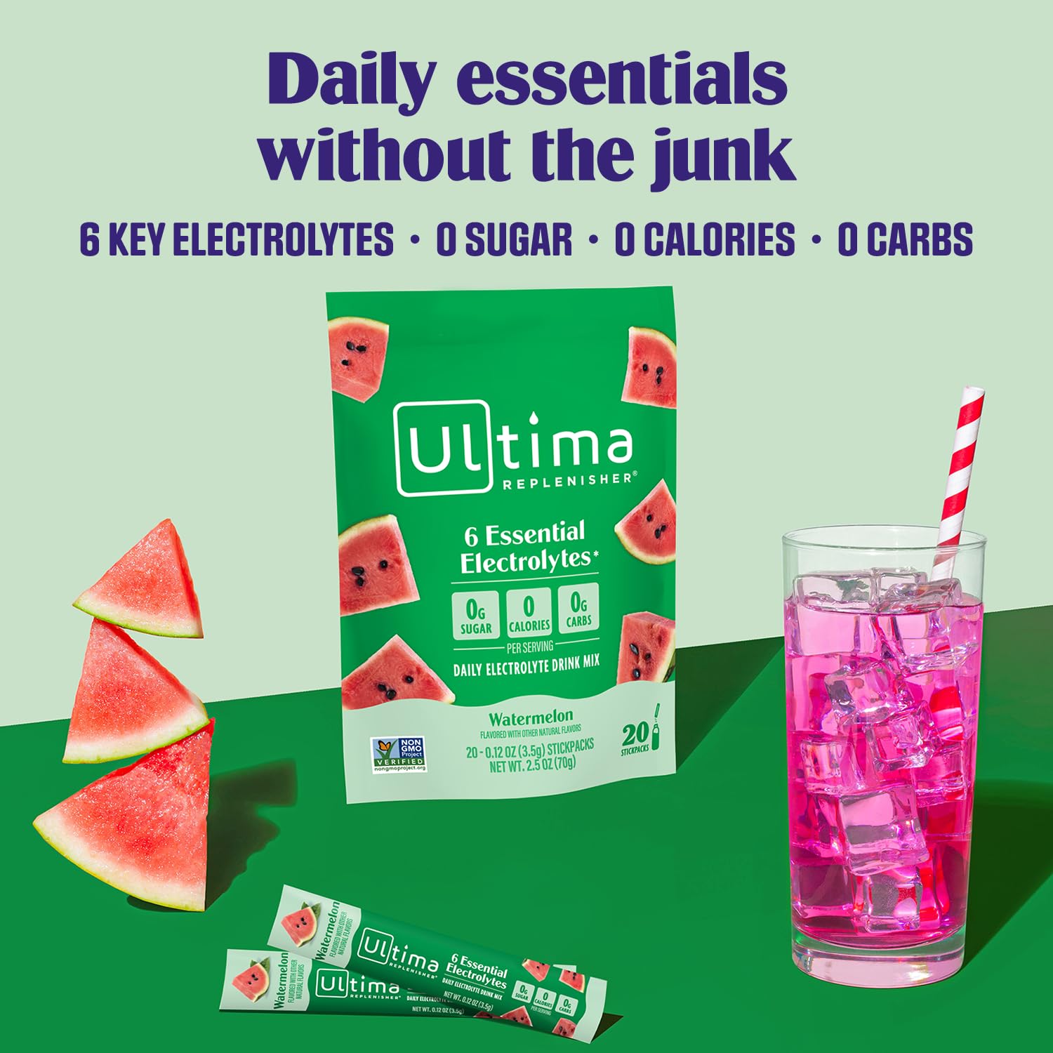 Ultima Replenisher Watermelon being poured into water for refreshing electrolyte mix