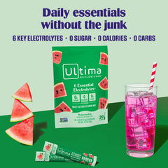 Ultima Replenisher Watermelon being poured into water for refreshing electrolyte mix