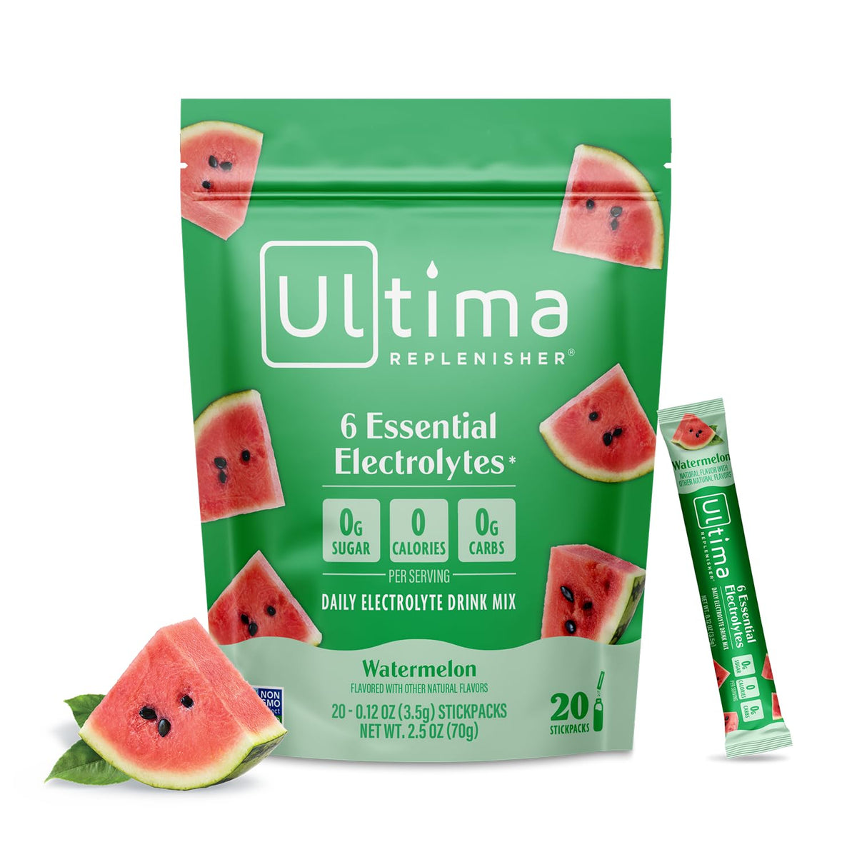 Ultima Replenisher Watermelon stickpack closeup for on-the-go hydration