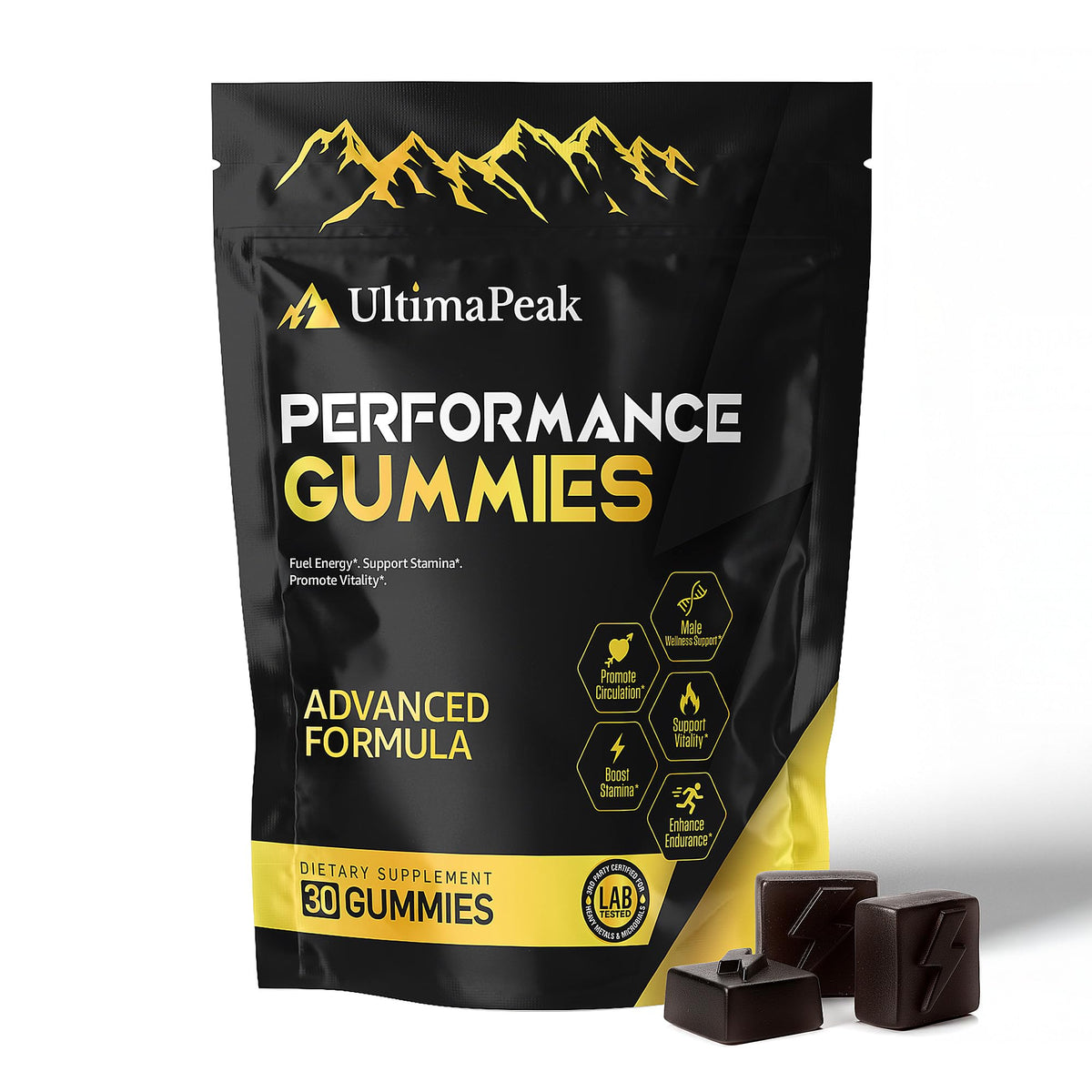 UltimaPeak Pure Himalayan Shilajit Gummies bottle highlighting daily energy support.