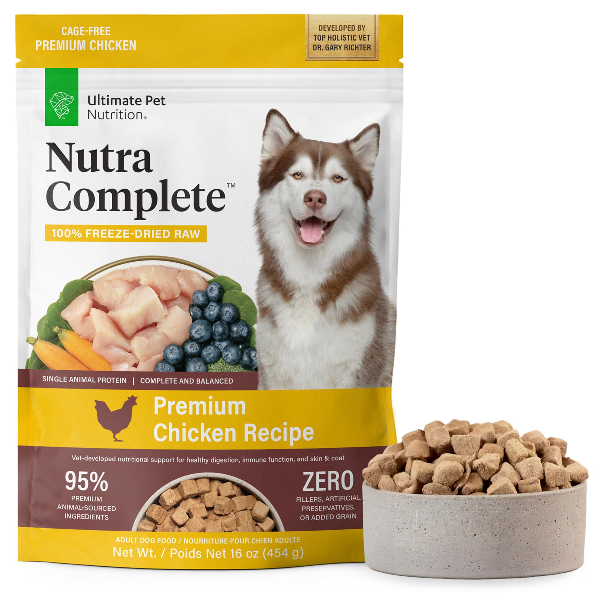 Ultimate Pet Nutrition Nutra Complete packaging highlights premium chicken recipe for digestion support