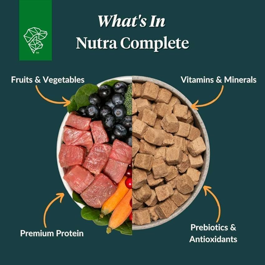 ULTIMATE PET NUTRITION Nutra Complete dog enjoying a balanced meal.