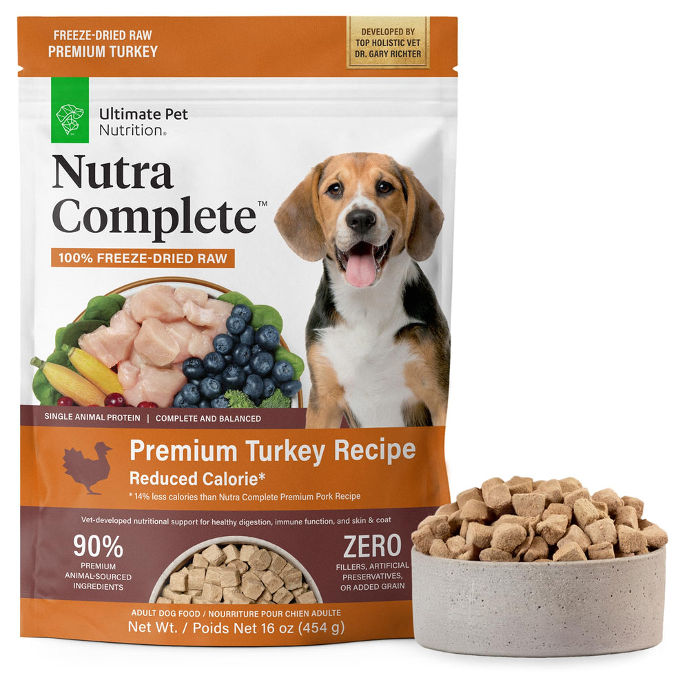 Ultimate Pet Nutrition Nutra Complete turkey bag front highlights premium quality and convenience.
