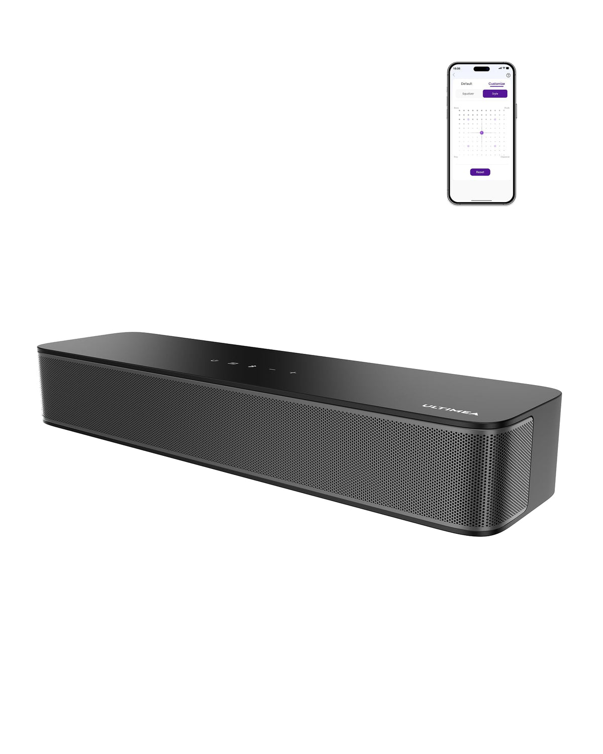 ULTIMEA Poseidon M20 Pro front view, compact 2.1ch soundbar for living room TV.