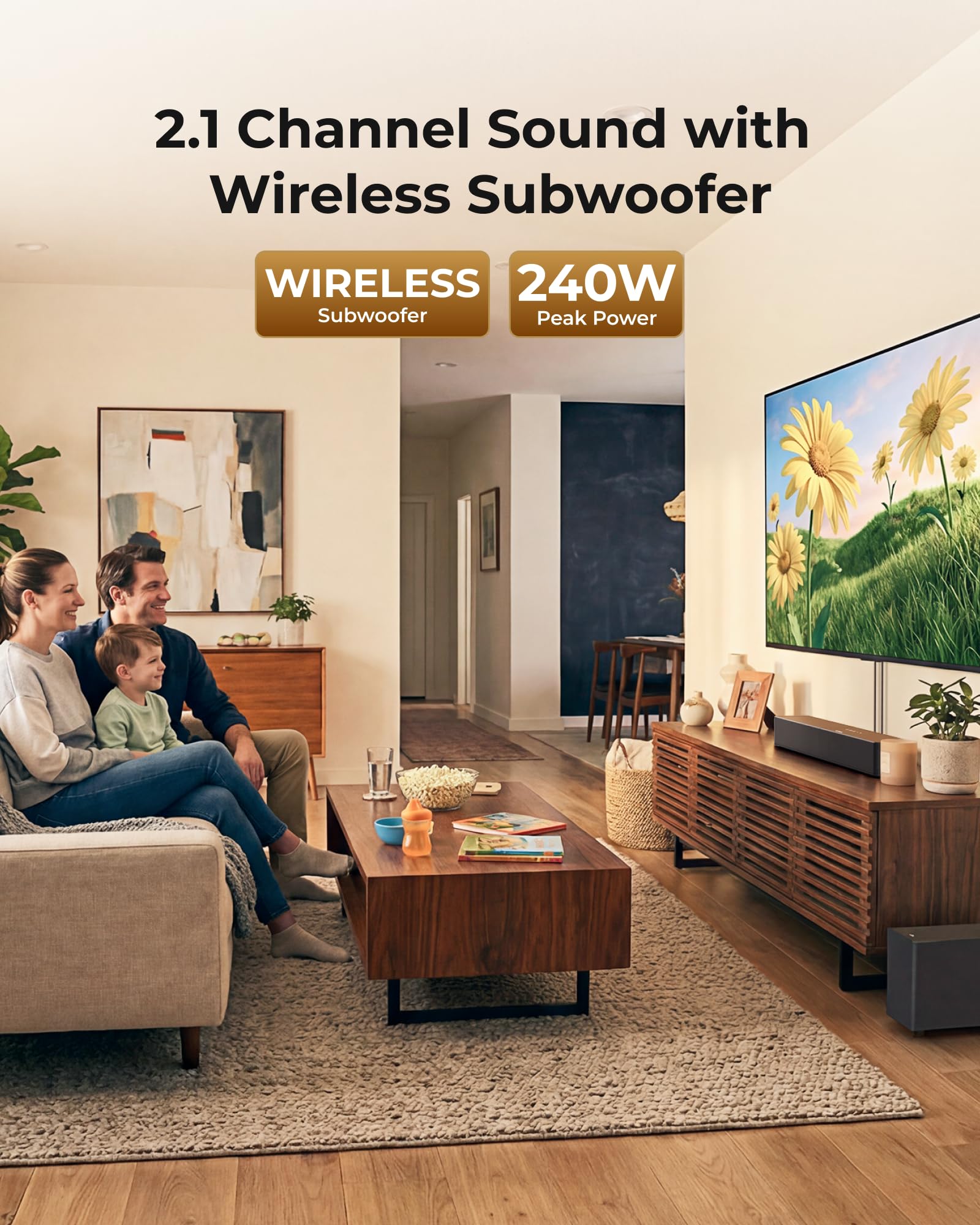 ULTIMEA wireless subwoofer placed freely for flexible setup