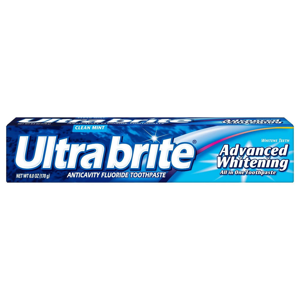 Ultra Brite Advanced Whitening Clean Mint toothpaste tube, two-pack, for brighter smile and fresh breath