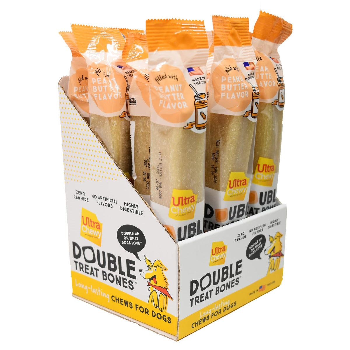 Ultra Chewy Peanut Butter Double Treat Bones outer shell detail for long-lasting chew.