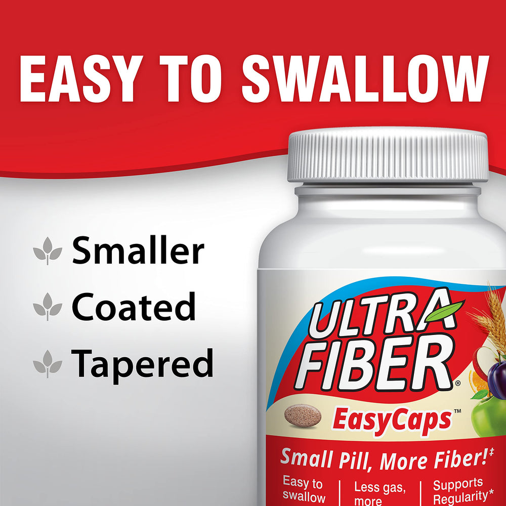 Ultra-Fiber caplets bottle back reveals ingredients and 750 mg fiber per caplet.