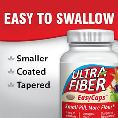 Ultra-Fiber caplets bottle back reveals ingredients and 750 mg fiber per caplet.