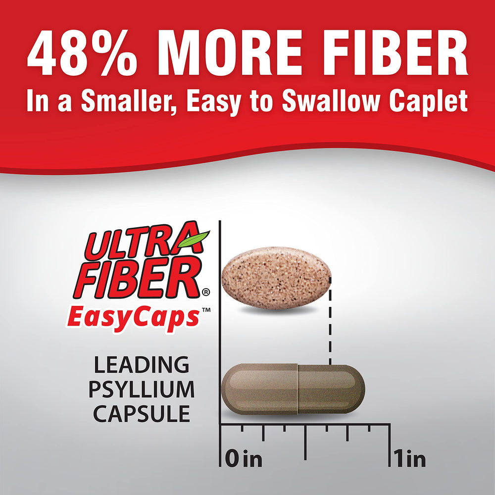 Ultra-Fiber caplets closeup emphasizes easy-to-swallow coated caplets.