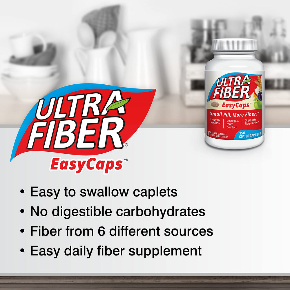 Ultra-Fiber caplets label highlights six plant fiber sources for balanced digestion.