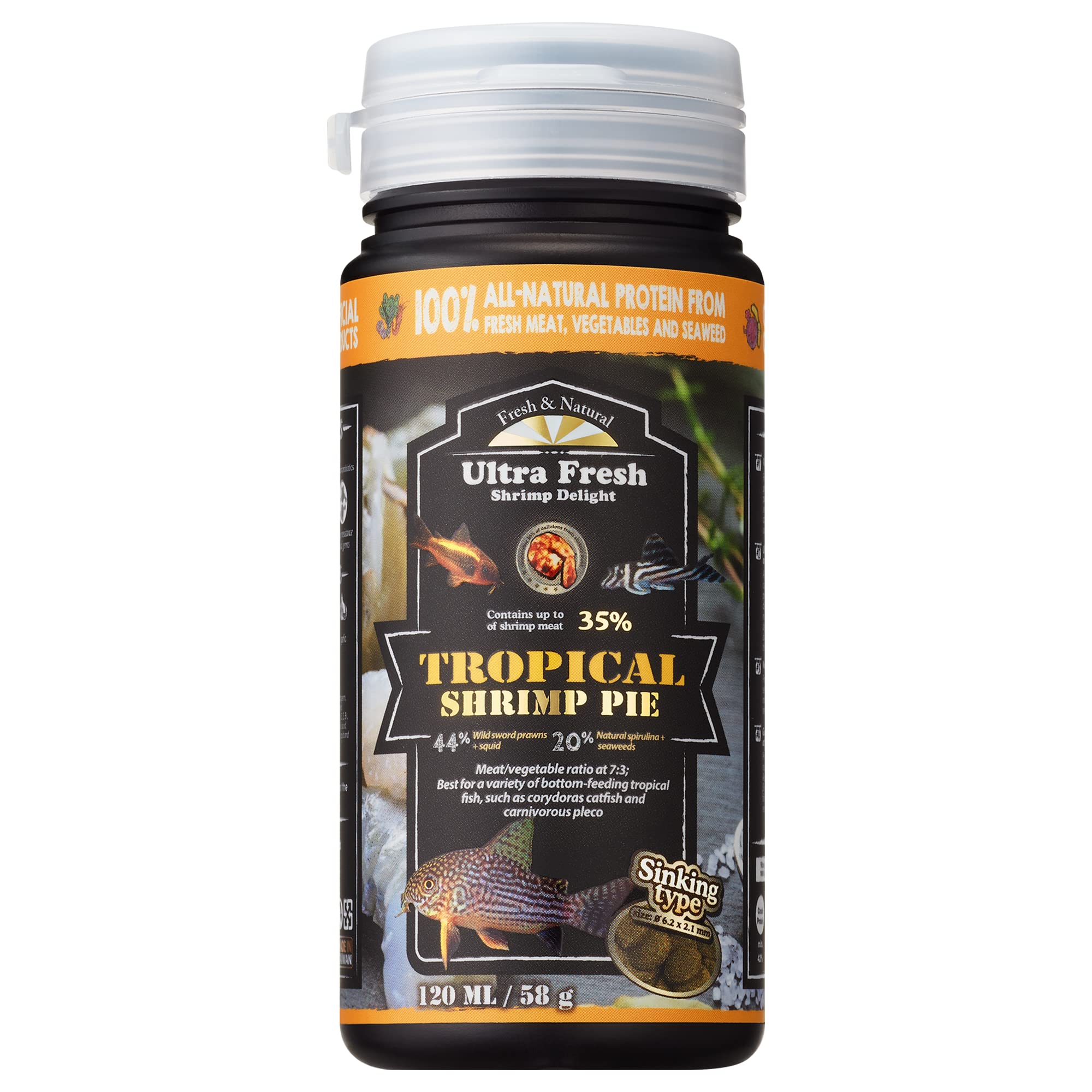 Ultra Fresh bottom feeder packaging highlights ingredients for balanced catfish and Corydoras nutrition.
