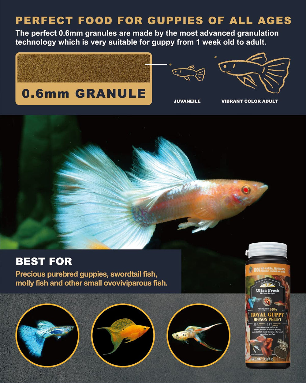 Ultra Fresh Royal guppy Mignon : probiotiques intégrés pour eau plus propre et poissons plus actifs