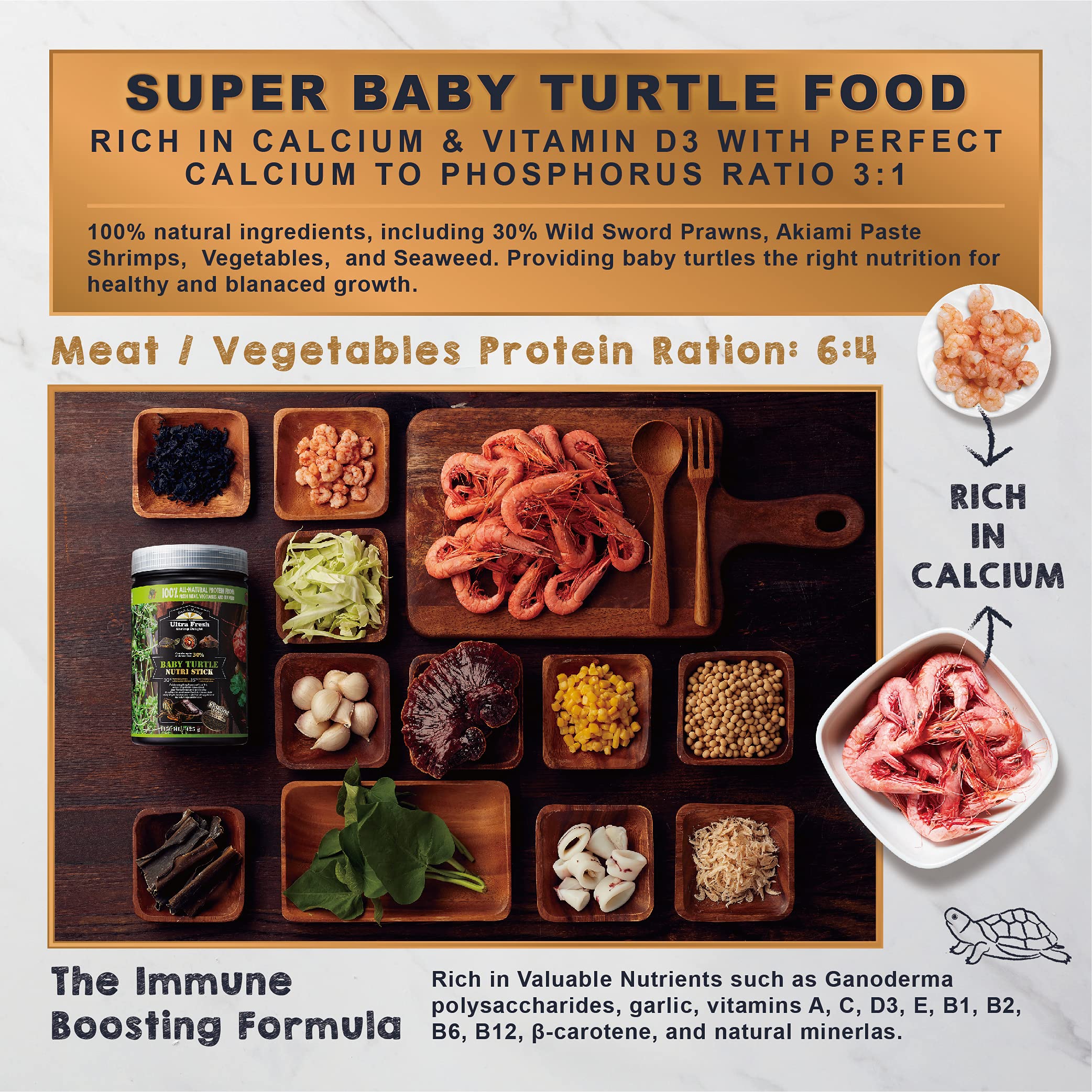 Ultra Fresh turtle food close-up shows premium ingredients for healthy shell color.