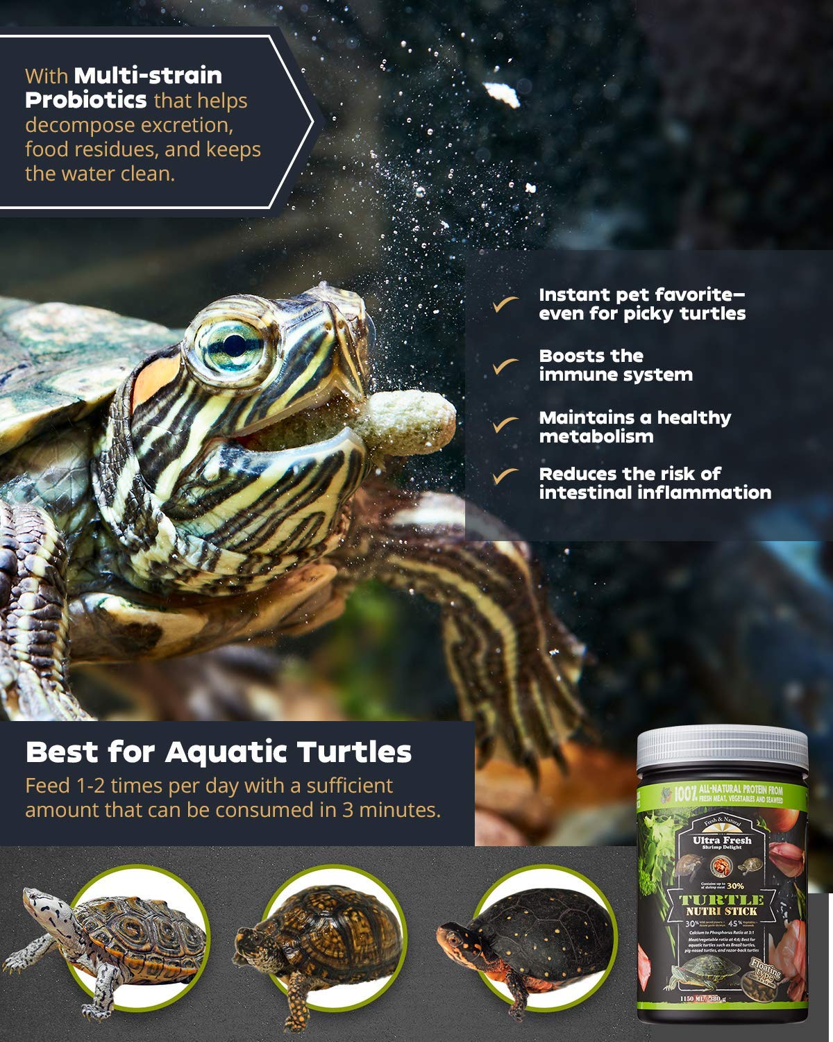 Ultra Fresh Turtle Nutri Stick water-clarity aid helps maintain aquarium cleanliness.