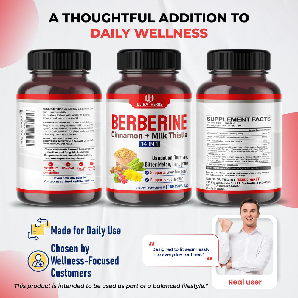 Ultra Herbs berberine lifestyle scene shows calm, balanced routine with capsules