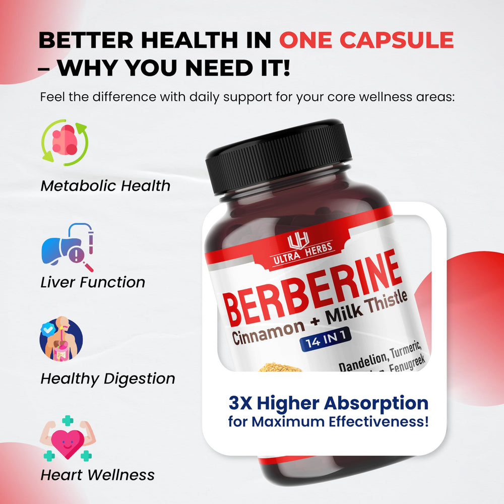 Ultra Herbs berberine packaging flatlay captures bottle, box, and capsules for a complete daily pack