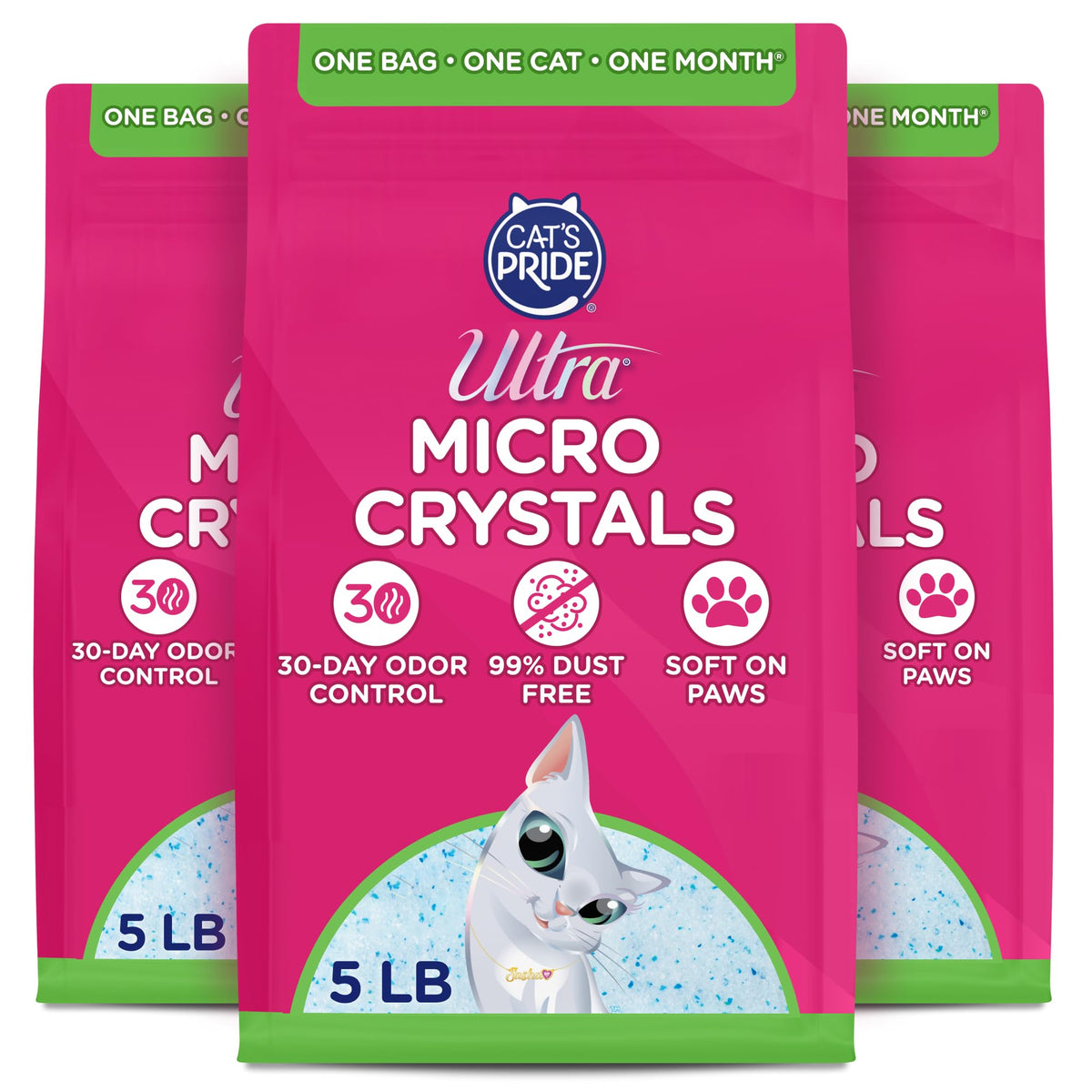 ULTRA Ultra Micro Crystals litter bag open shows crystal texture and dust-free promise.