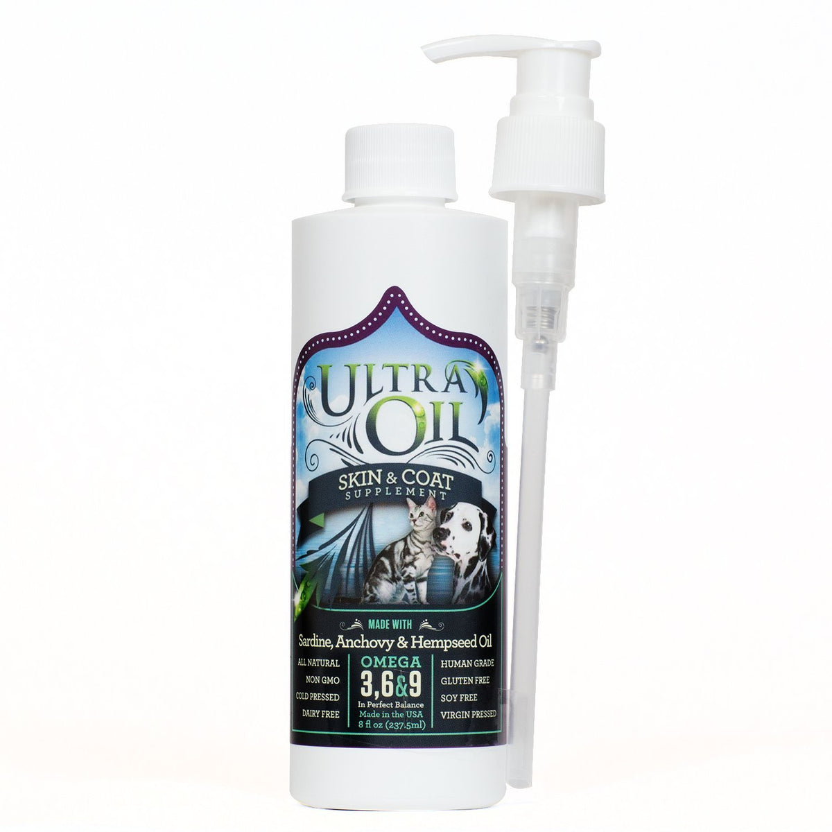 Ultra Oil Skin & Coat bottle pour illustrates simple daily dosing for pet skin health