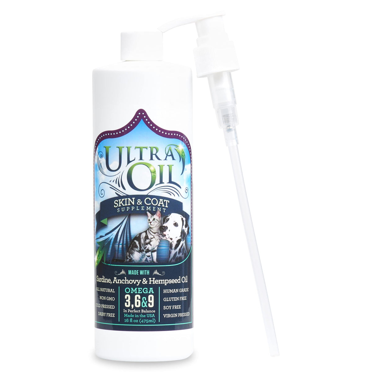 Ultra Oil Skin & Coat Supplement bottle showing packaging for healthy skin and coat support