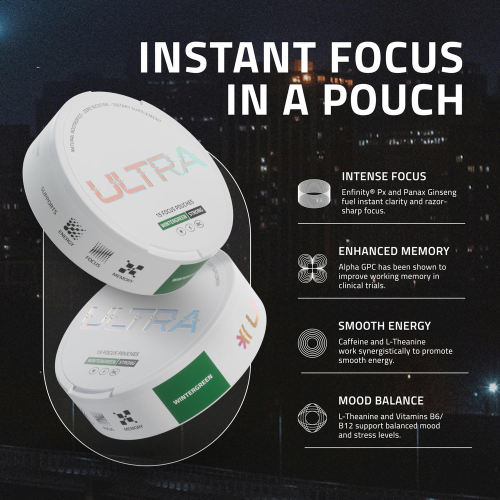 Ultra Pouches Wintergreen pouch in hand demonstrates portable, on-the-go focus option.