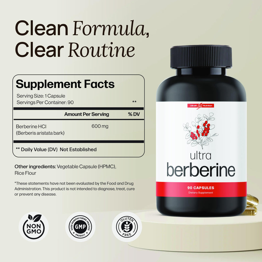 Ultra6 Berberine bottle displays gluten-free and clean formula claims.