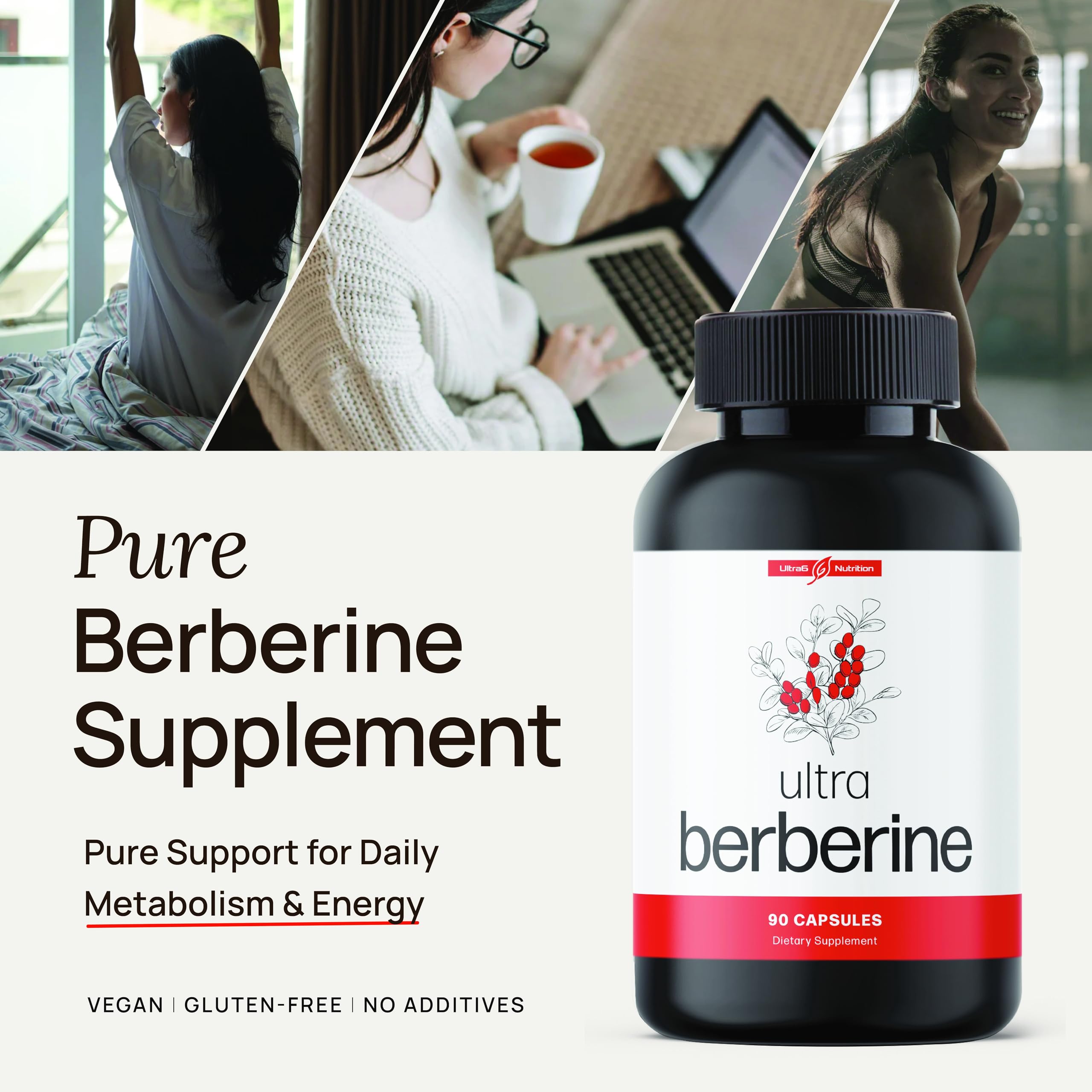 Ultra6 Berberine capsules label close-up highlights vegan and gluten-free credentials.