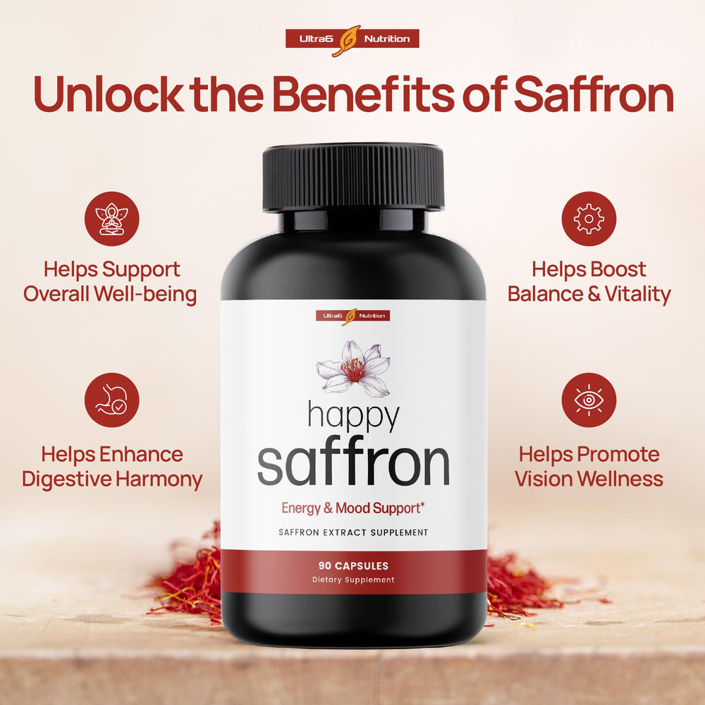 Ultra6 Nutrition Happy Saffron digestion-friendly formula for comfortable days.