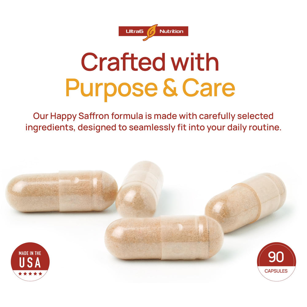 Ultra6 Nutrition Happy Saffron mood support for steady energy and calm.