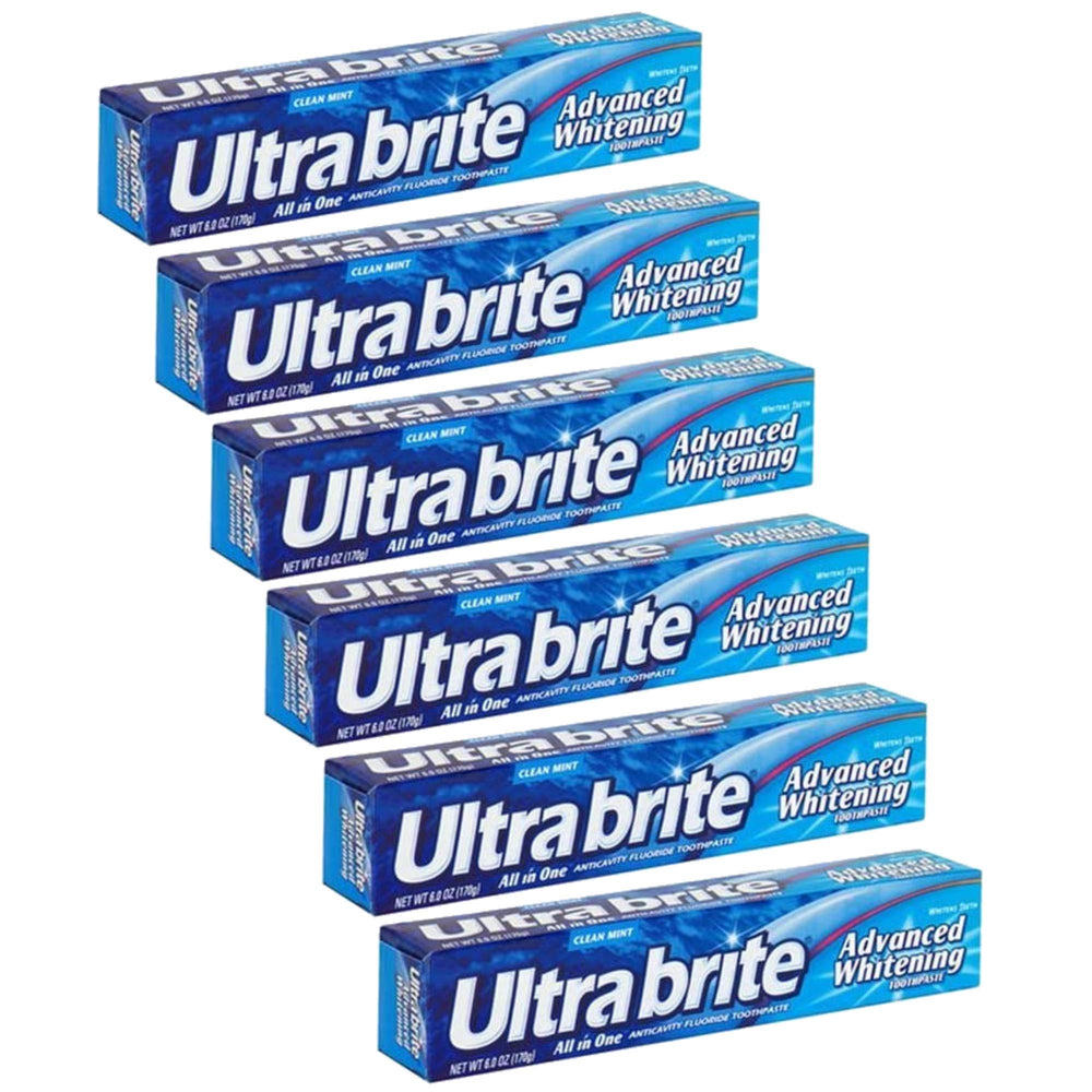 Ultrabrite Clean Mint toothpaste 6-pack tube for everyday whitening and fresh breath.