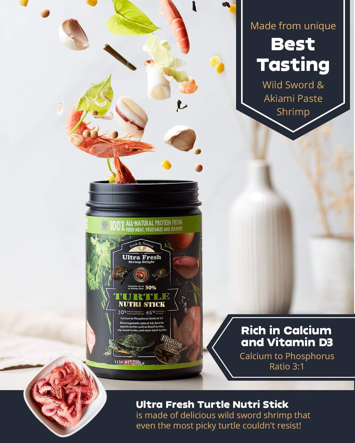 Ultra Fresh Turtle Nutri Stick shows vegetables and seaweed for natural protein
