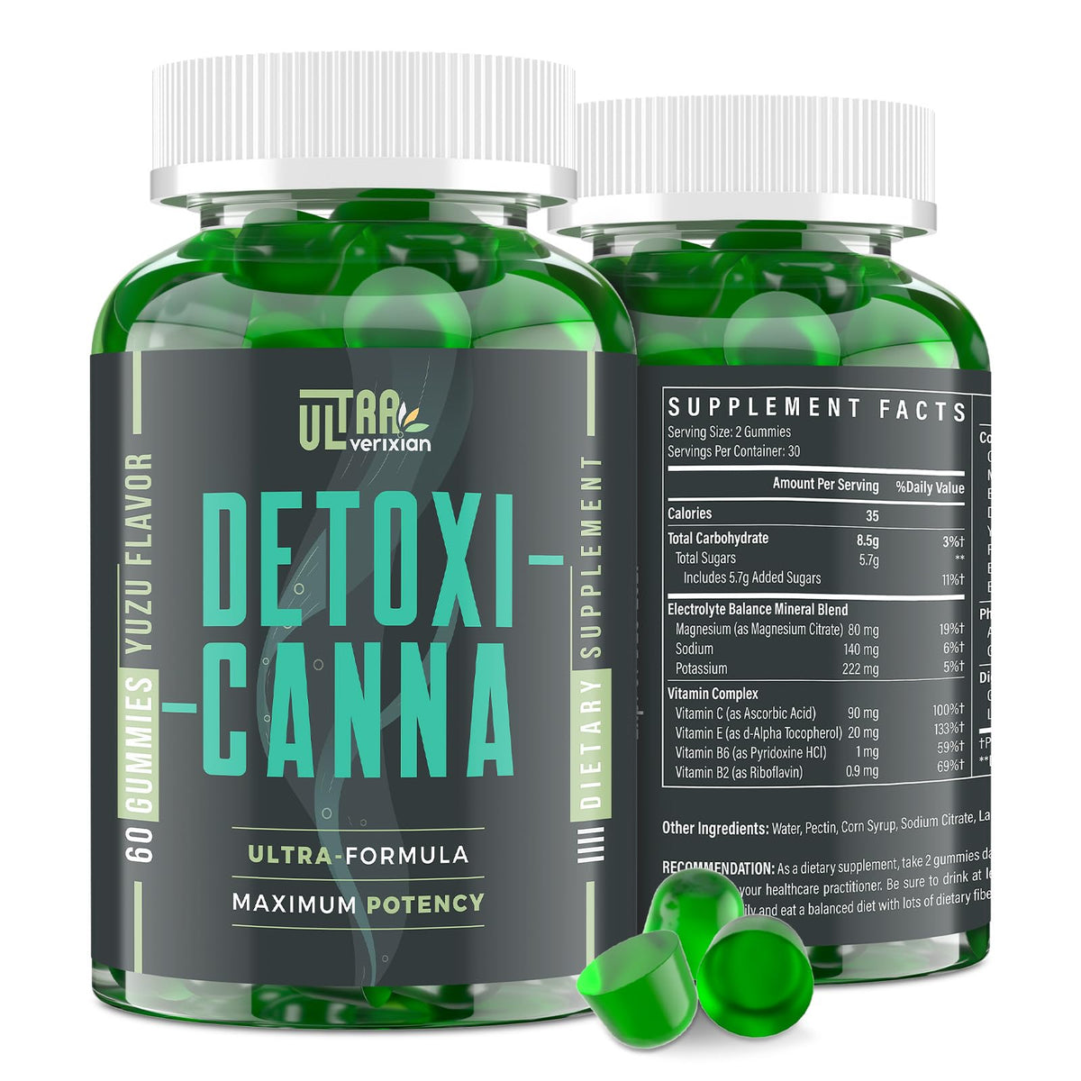 Ultraverixian Detox Gummies bottle closeup showing convenient daily detox support for liver and gut.
