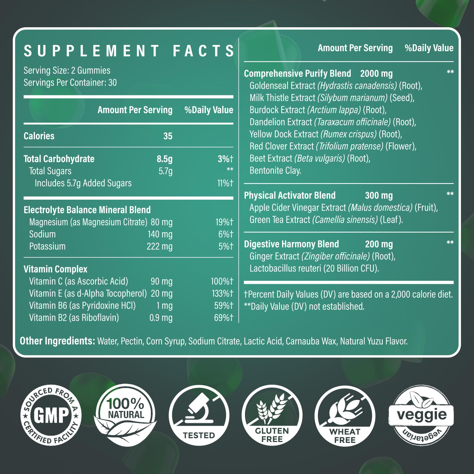 Ultraverixian Detox Gummies ingredient blend closeup highlighting plant-based detox essentials.