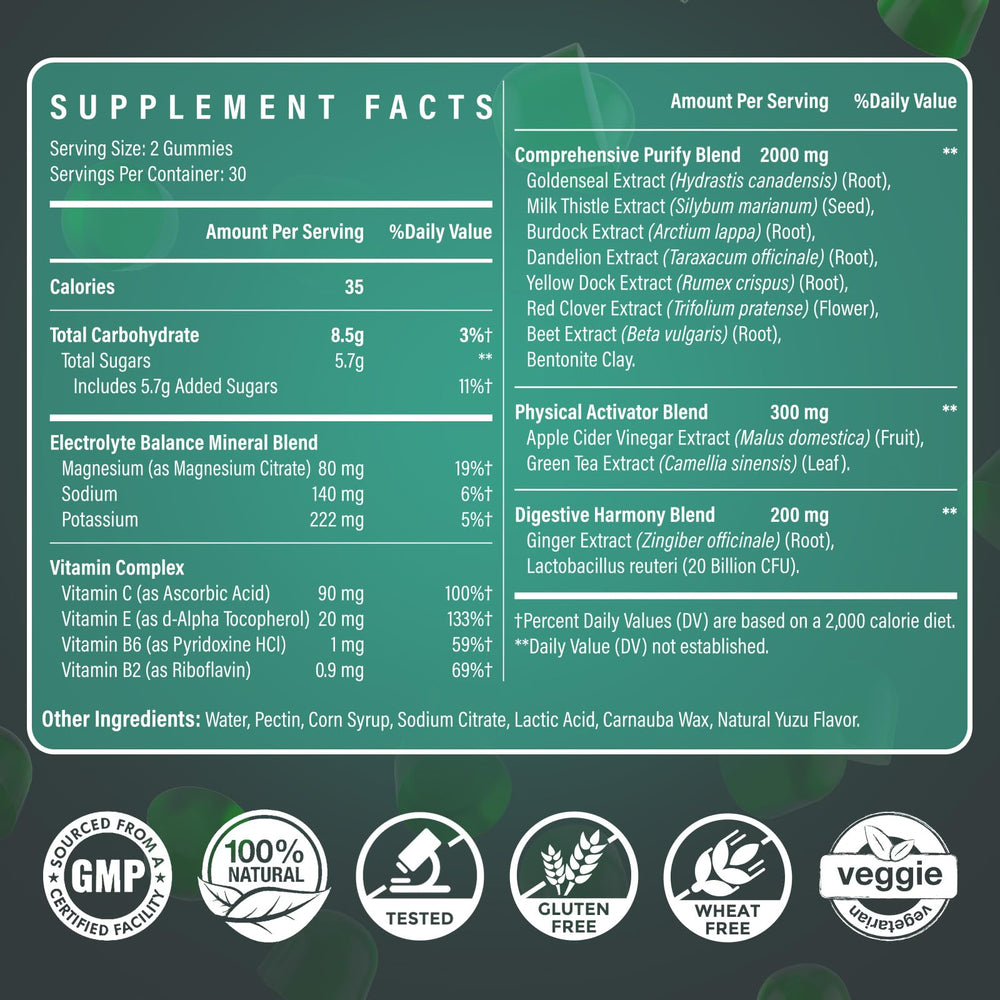 Ultraverixian Detox Gummies ingredient blend closeup highlighting plant-based detox essentials.