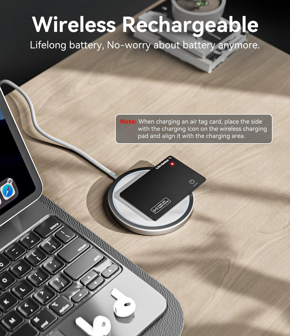 Ultrbeka Air Tag Alternative for Wallet visually demonstrates Find My compatibility on iPhone.